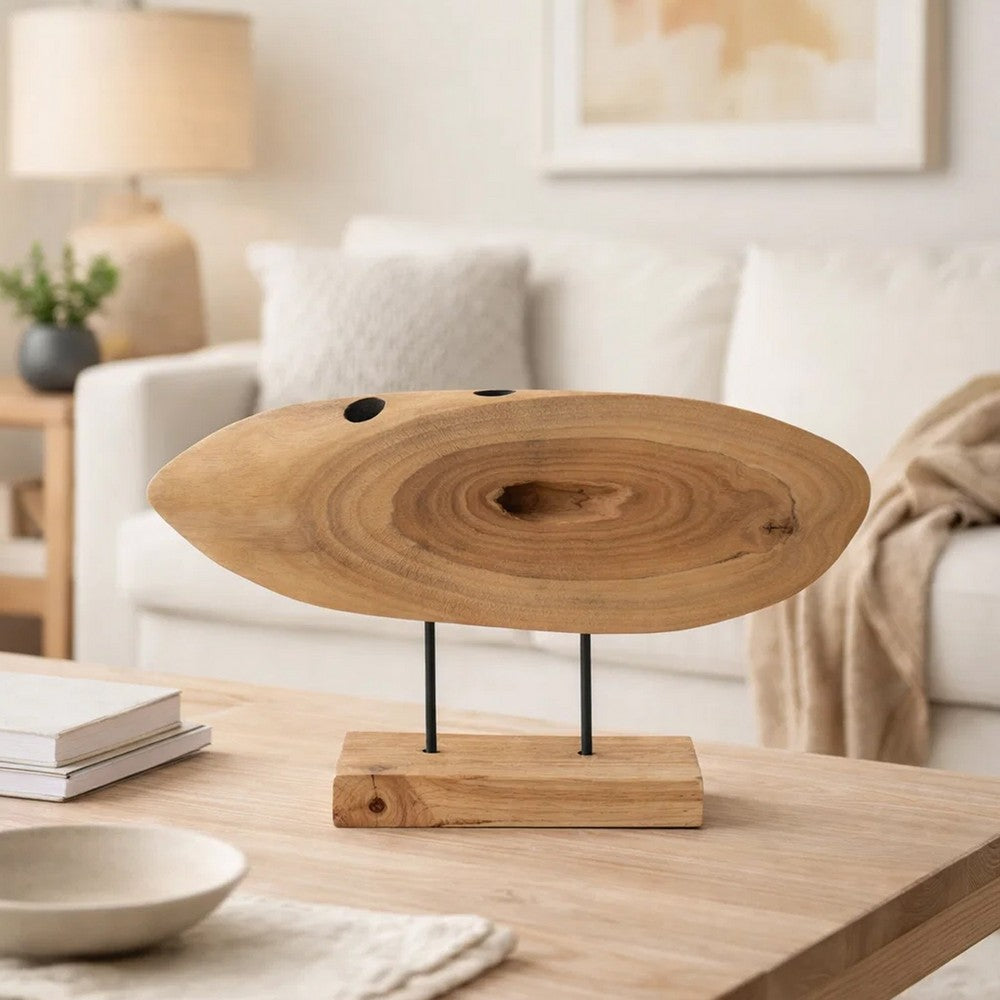 Upin Abstract Oval Sculpture on Base | Brown Wood Black Metal | 16"