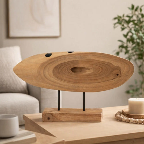 Upin Abstract Oval Sculpture on Base | Brown Wood Black Metal | 16"