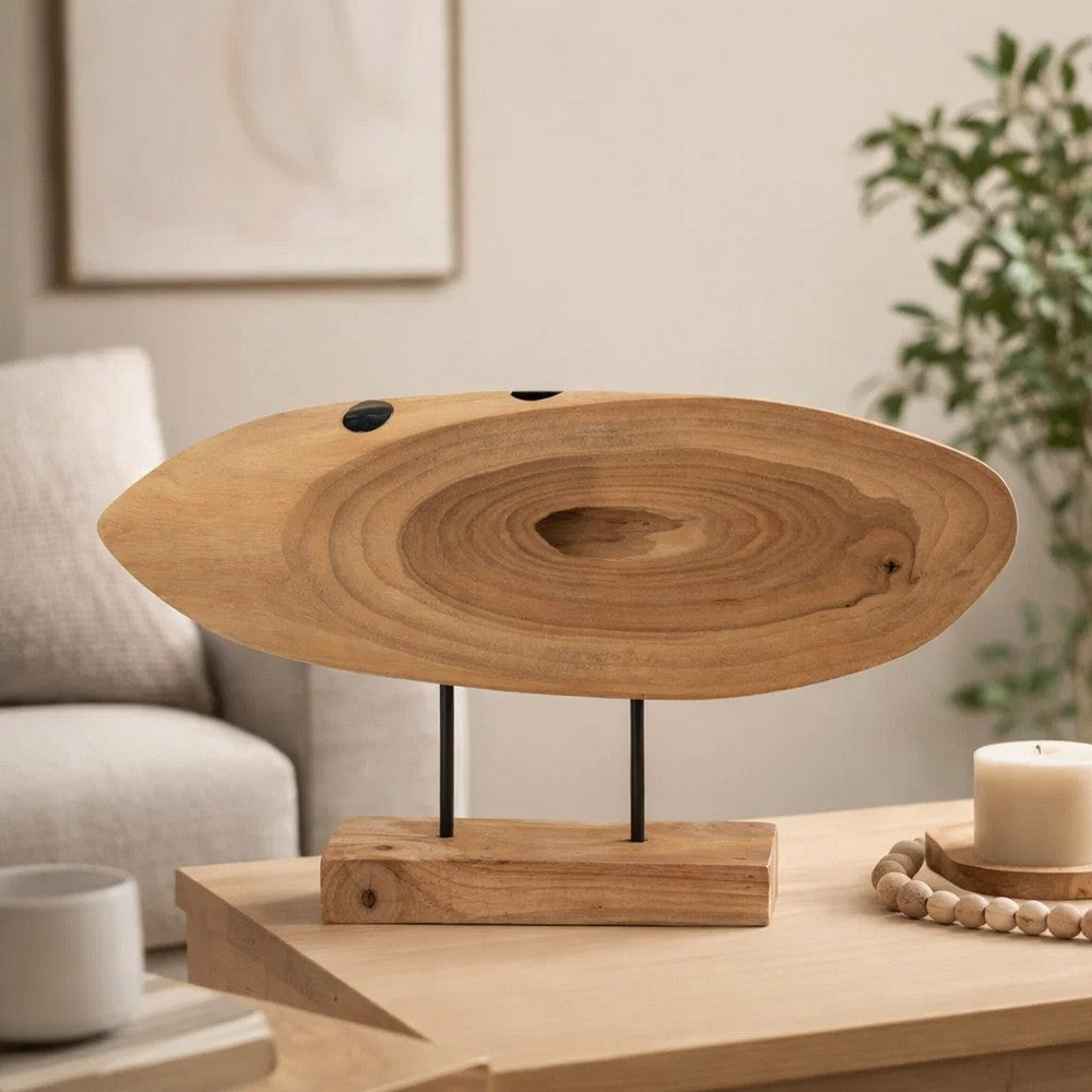 Upin Abstract Oval Sculpture on Base | Brown Wood Black Metal | 16"