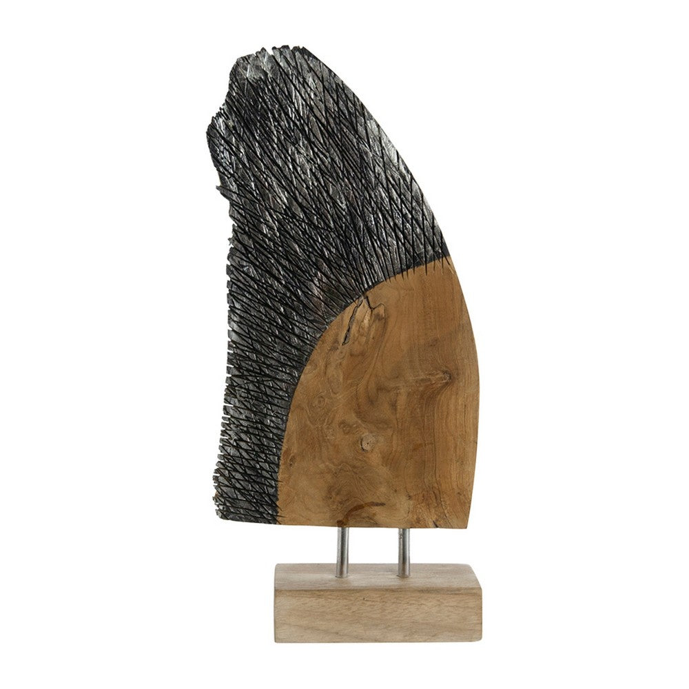 Upin Abstract Wing Sculpture on Base | Brown Wood | Black Metal | 16"