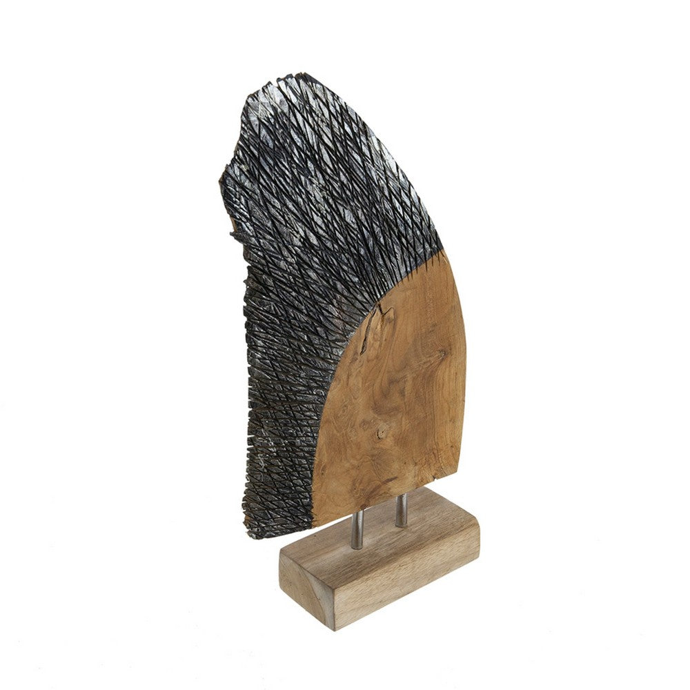 Upin Abstract Wing Sculpture on Base | Brown Wood | Black Metal | 16"