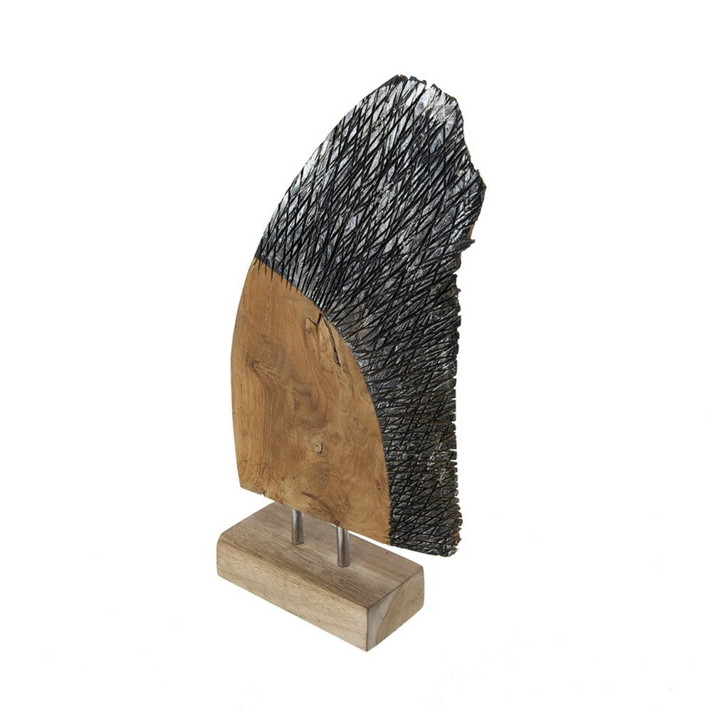 Upin Abstract Wing Sculpture on Base | Brown Wood | Black Metal | 16"