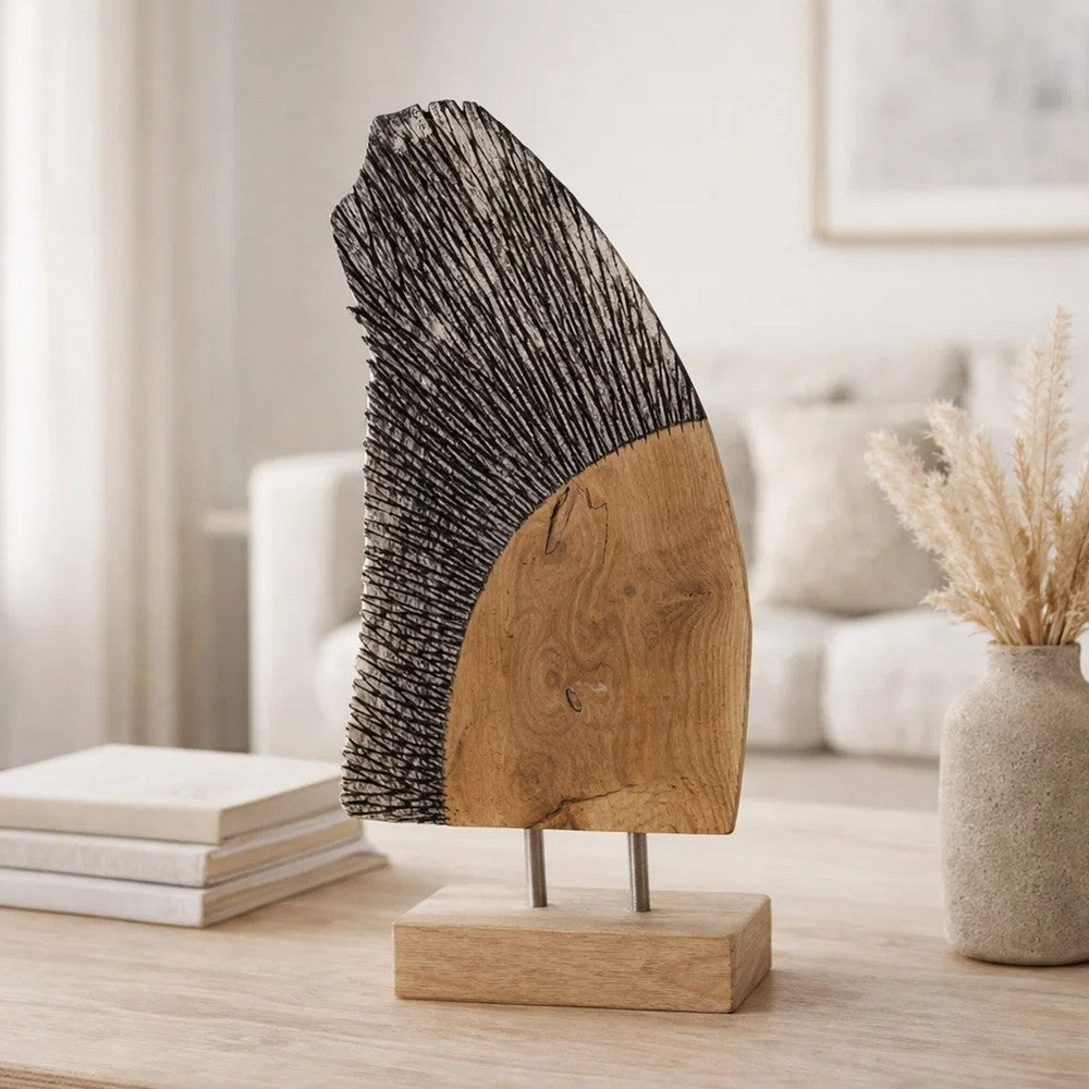 Upin Abstract Wing Sculpture on Base | Brown Wood | Black Metal | 16"