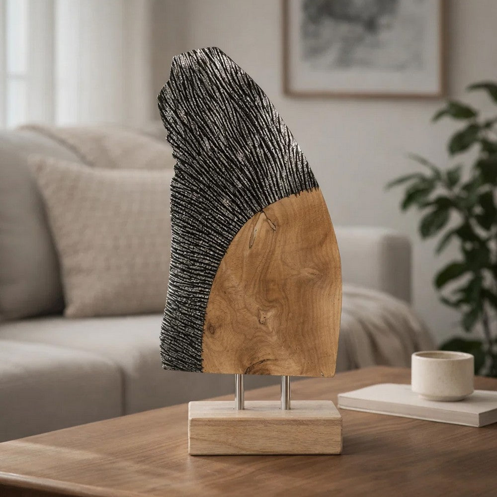 Upin Abstract Wing Sculpture on Base | Brown Wood | Black Metal | 16"