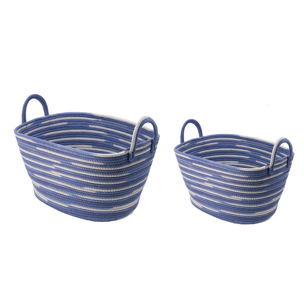 Benny Oval Baskets Set of 2 | Striped Pattern | Blue-White Cotton 20 18"