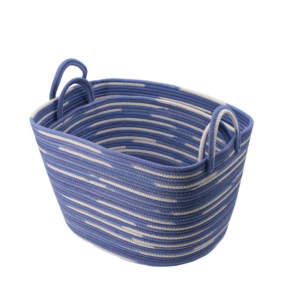 Benny Oval Baskets Set of 2 | Striped Pattern | Blue-White Cotton 20 18"
