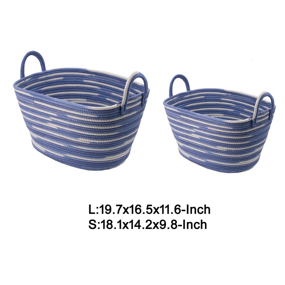 Benny Oval Baskets Set of 2 | Striped Pattern | Blue-White Cotton 20 18"