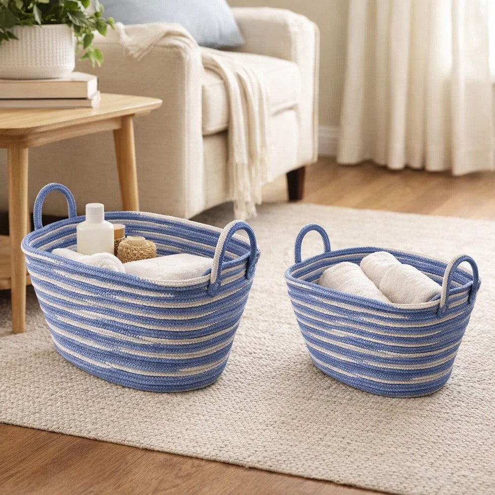 Benny Oval Baskets Set of 2 | Striped Pattern | Blue-White Cotton 20 18"