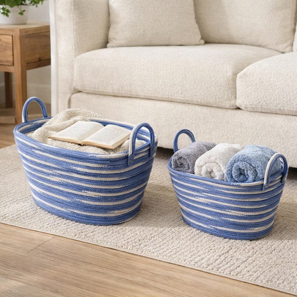 Benny Oval Baskets Set of 2 | Striped Pattern | Blue-White Cotton 20 18"