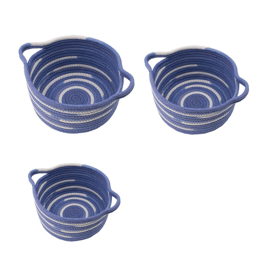 Tex Baskets with Integrated Handles Set of 3 | Blue-White Cotton 10 9 8"