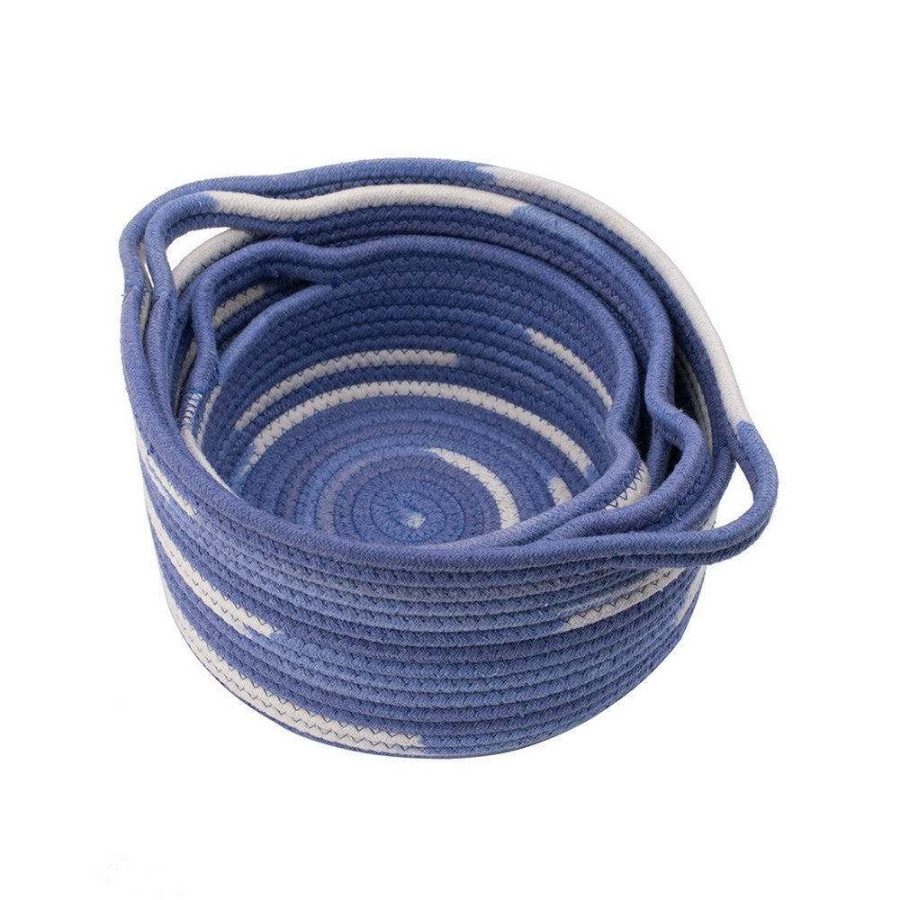 Tex Baskets with Integrated Handles Set of 3 | Blue-White Cotton 10 9 8"