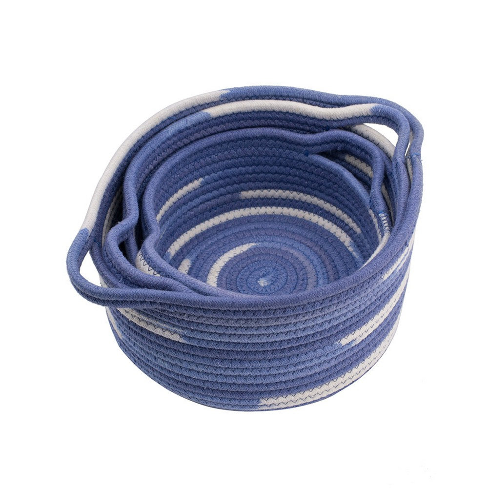Tex Baskets with Integrated Handles Set of 3 | Blue-White Cotton 10 9 8"