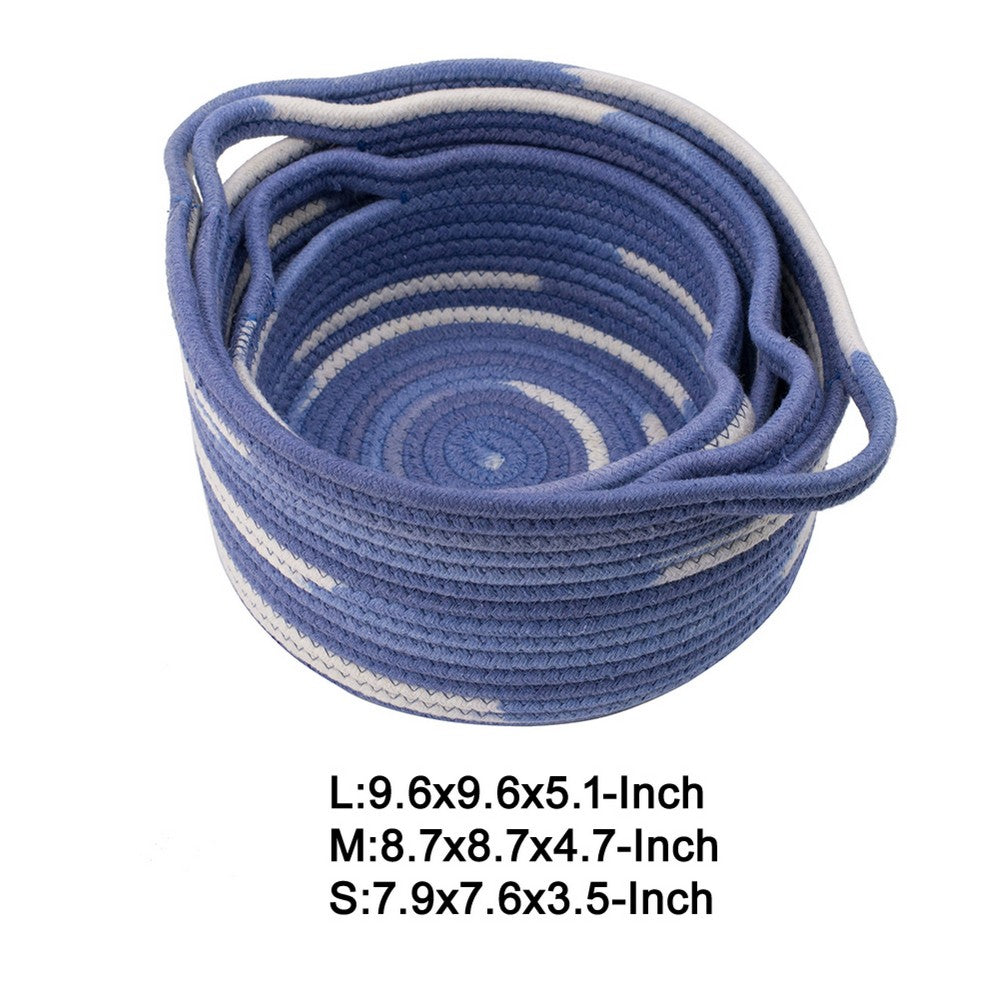 Tex Baskets with Integrated Handles Set of 3 | Blue-White Cotton 10 9 8"