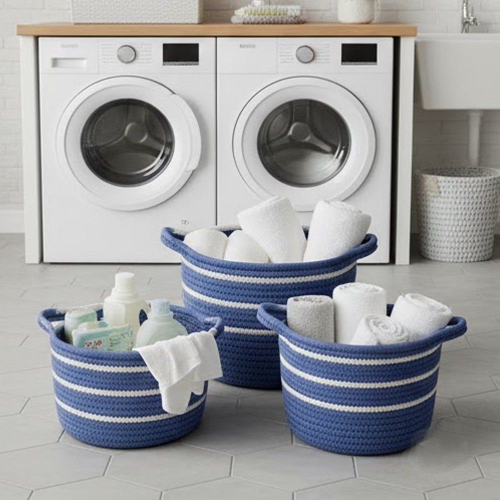 Tex Baskets with Integrated Handles Set of 3 | Blue-White Cotton 10 9 8"