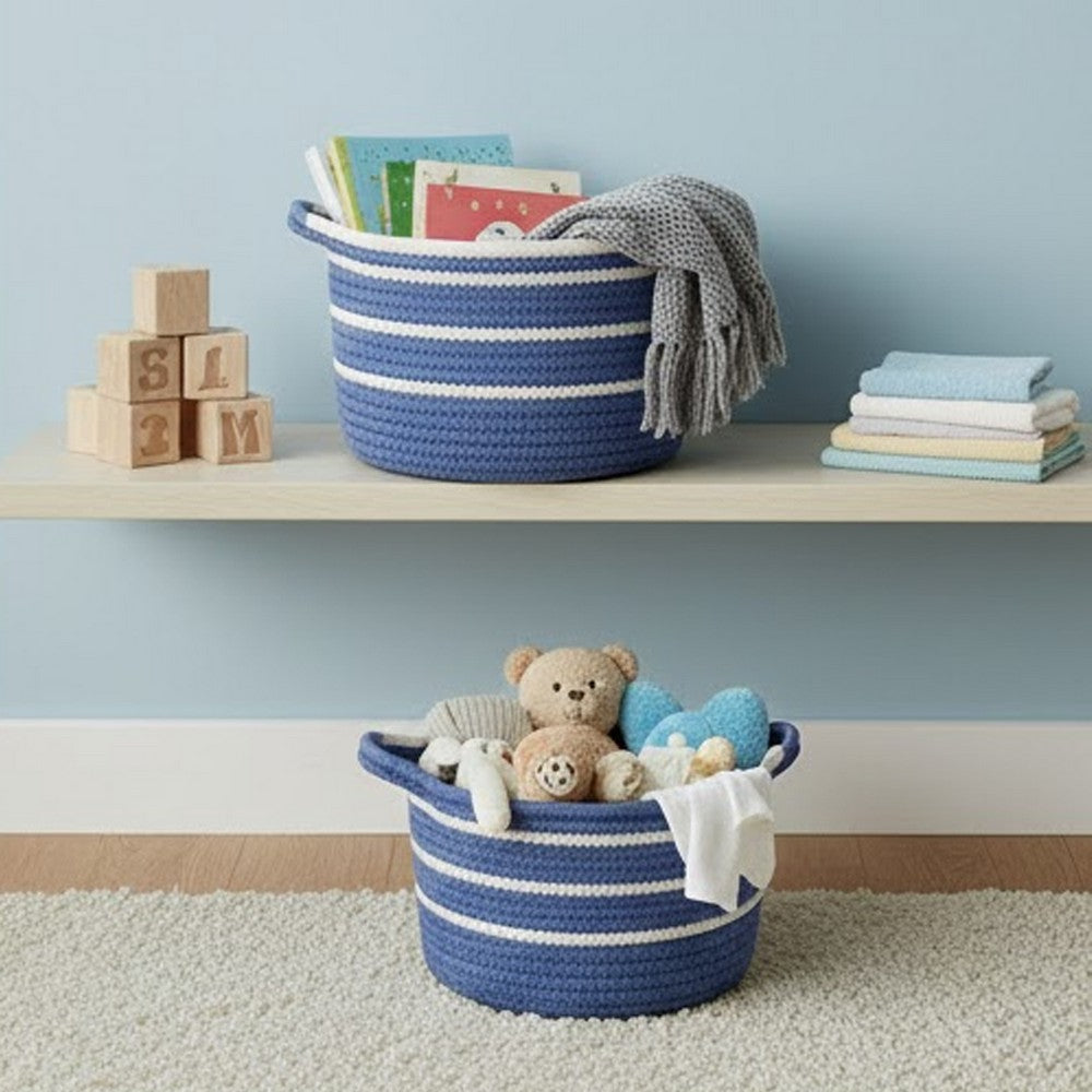 Tex Baskets with Integrated Handles Set of 3 | Blue-White Cotton 10 9 8"
