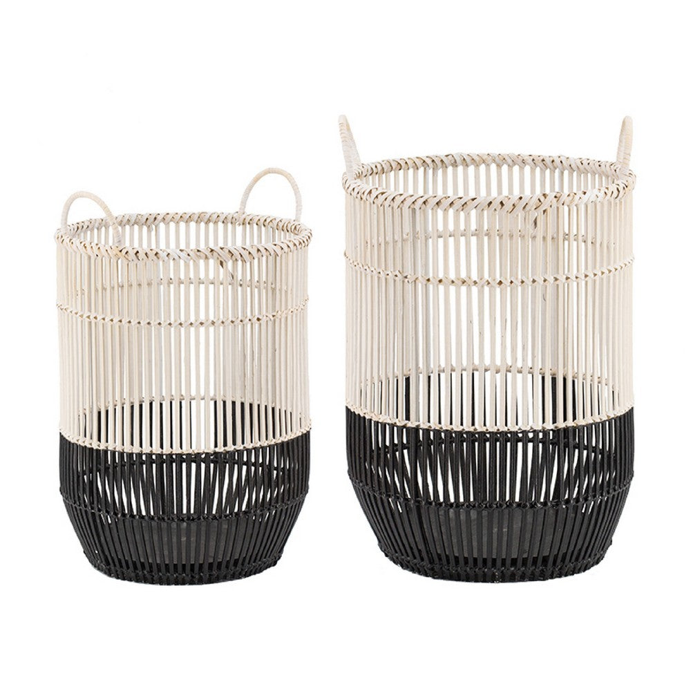 Vanie Basket Set of 2 | Slat Patterns | Black Iron | Cream Bamboo 23 19"