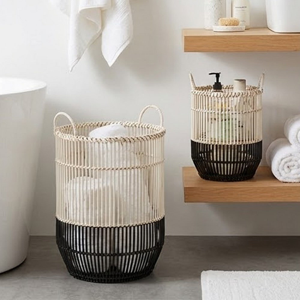 Vanie Basket Set of 2 | Slat Patterns | Black Iron | Cream Bamboo 23 19"
