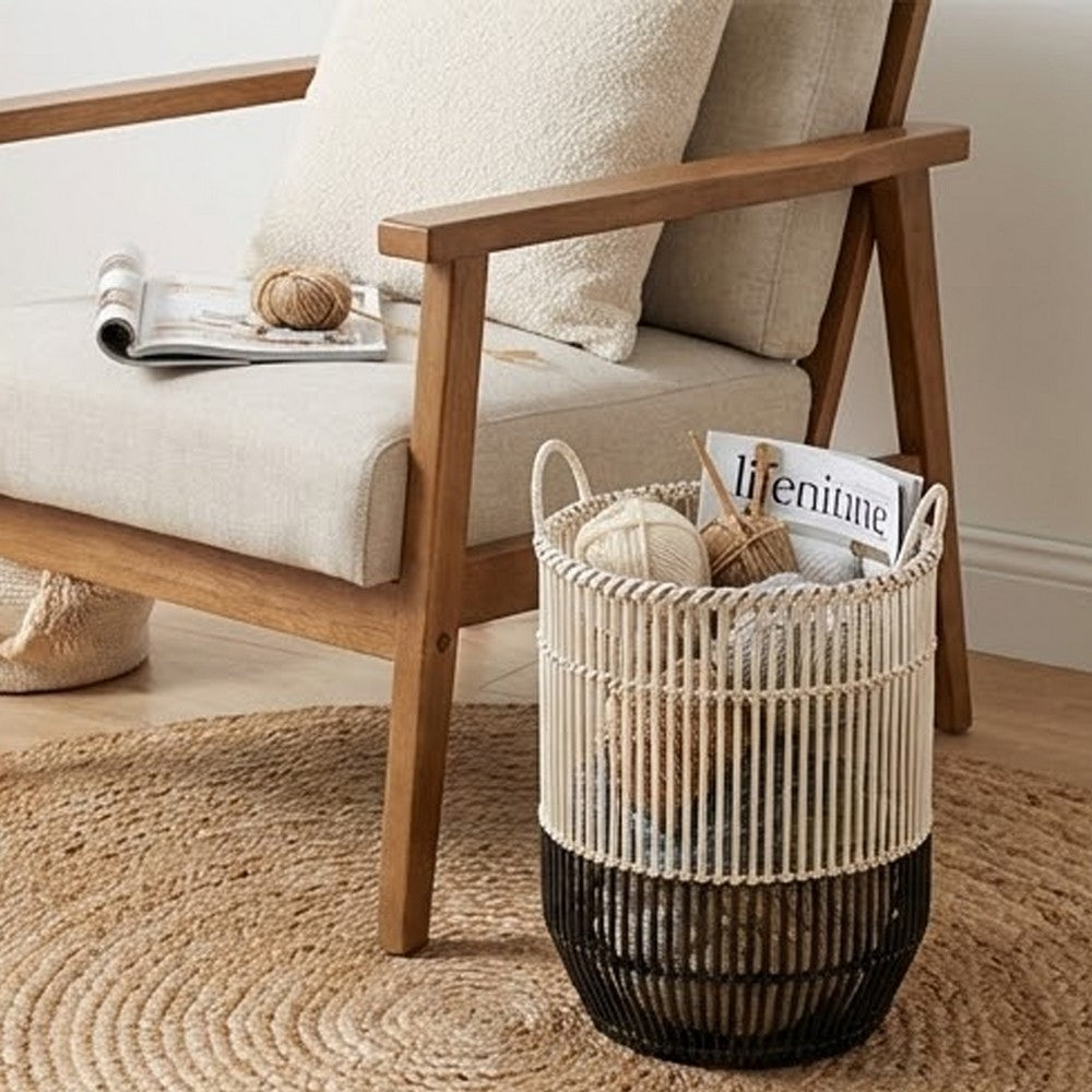 Vanie Basket Set of 2 | Slat Patterns | Black Iron | Cream Bamboo 23 19"