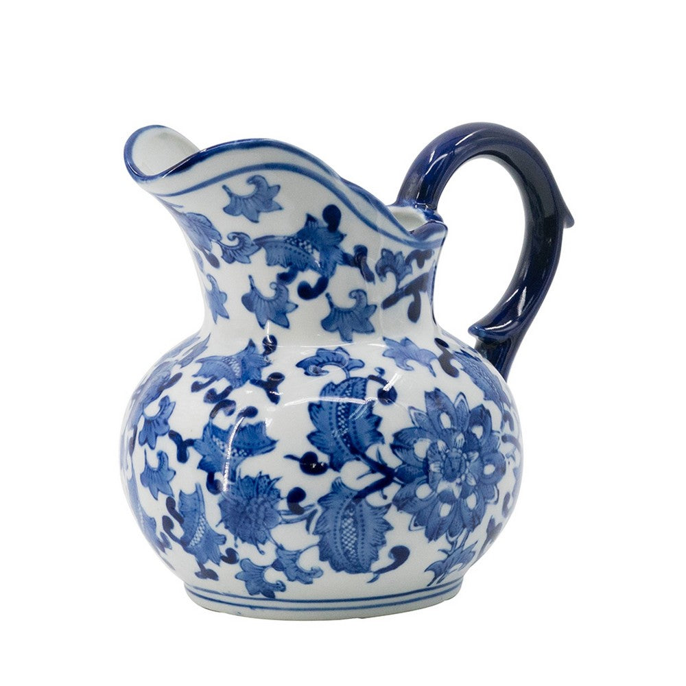 Esme Decorative Milk Jar Accent | Floral Motif Blue White Porcelain 8"