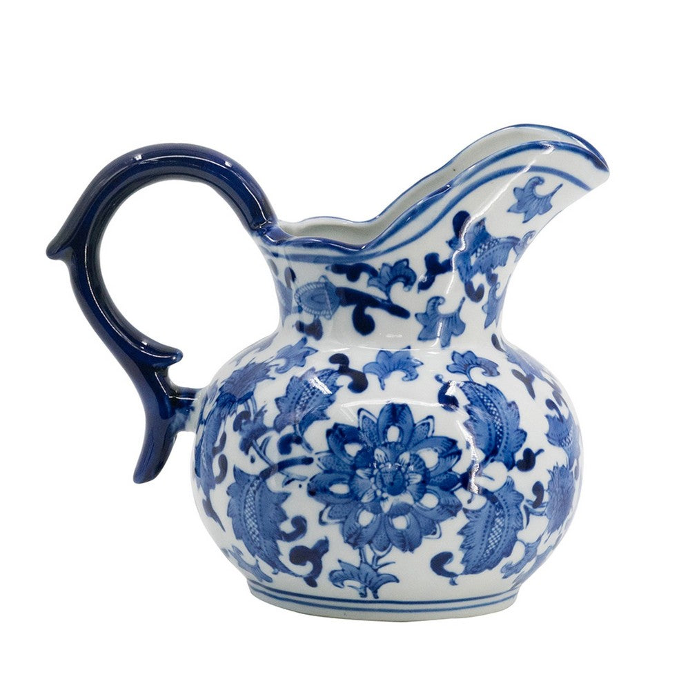 Esme Decorative Milk Jar Accent | Floral Motif Blue White Porcelain 8"