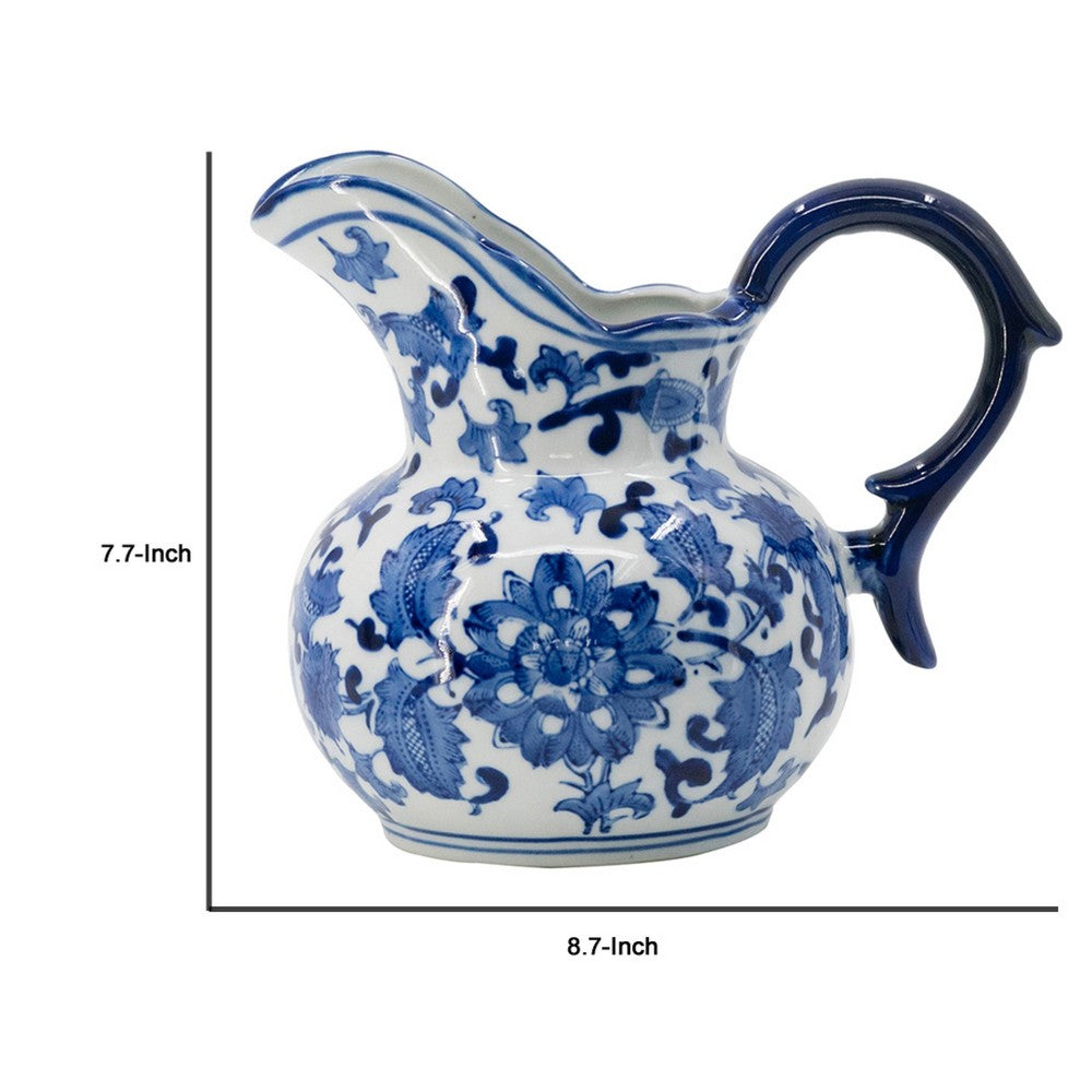 Esme Decorative Milk Jar Accent | Floral Motif Blue White Porcelain 8"