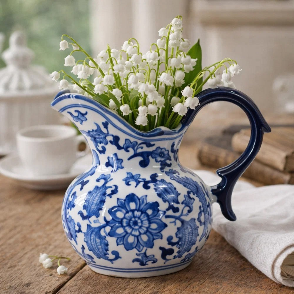 Esme Decorative Milk Jar Accent | Floral Motif Blue White Porcelain 8"