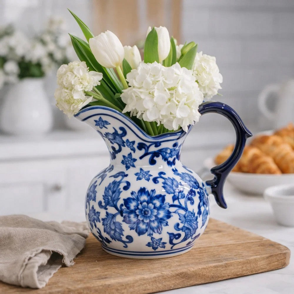 Esme Decorative Milk Jar Accent | Floral Motif Blue White Porcelain 8"