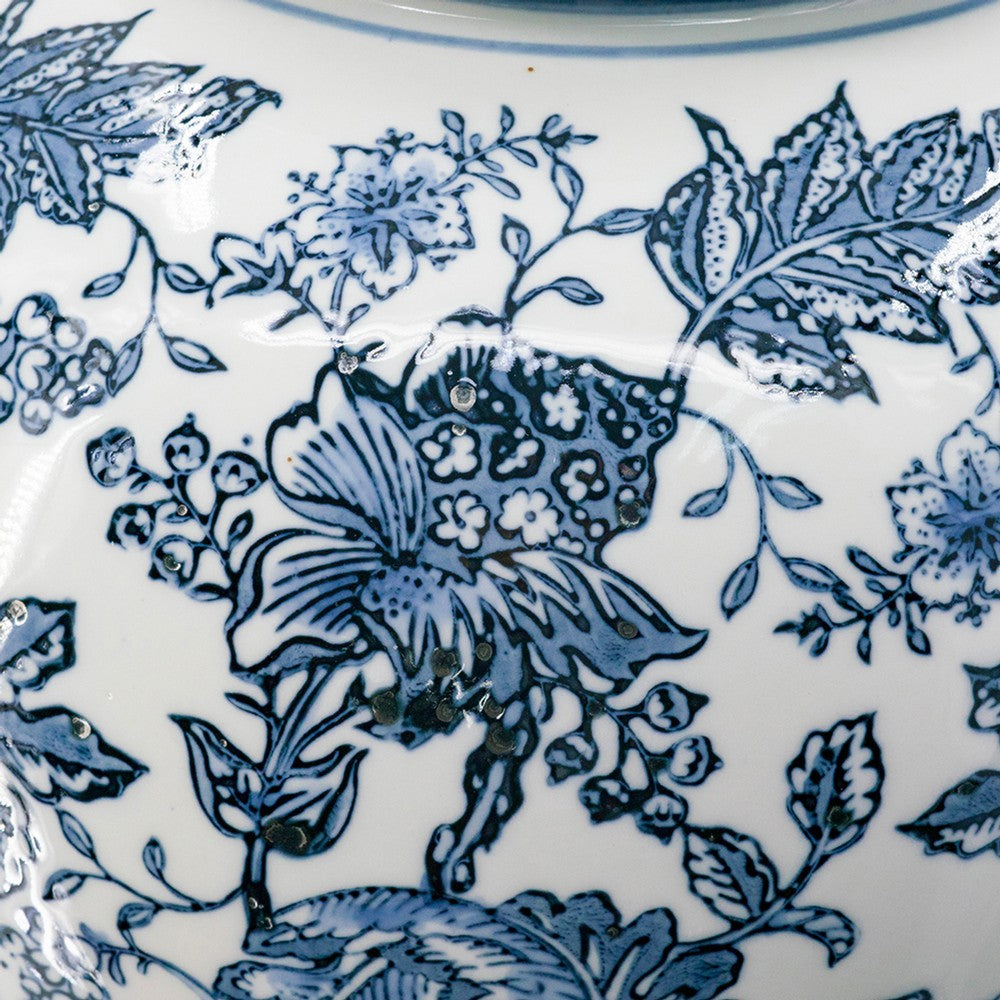 Brady Ginger Jar with Dome Lid | Floral Pattern Blue-White Porcelain 23"