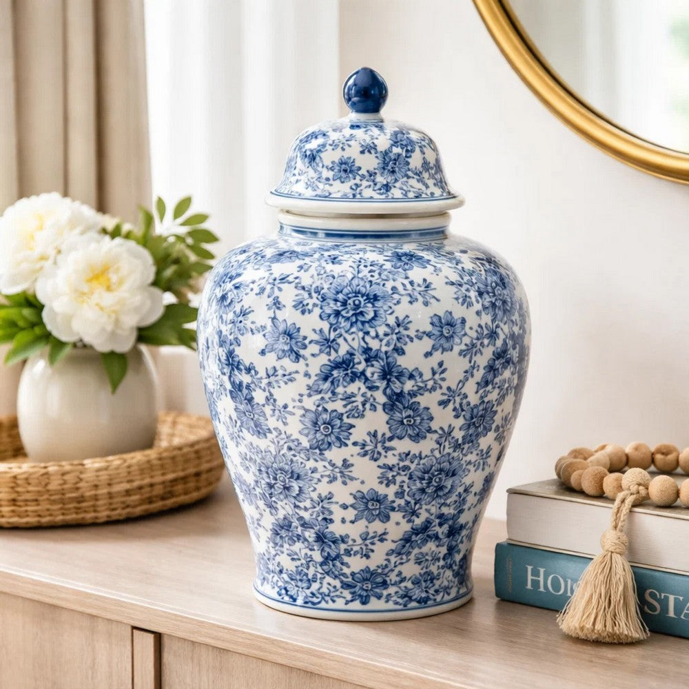 Brady Ginger Jar with Dome Lid | Floral Pattern Blue-White Porcelain 23"