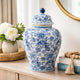 Brady Ginger Jar with Dome Lid | Floral Pattern Blue-White Porcelain 23"