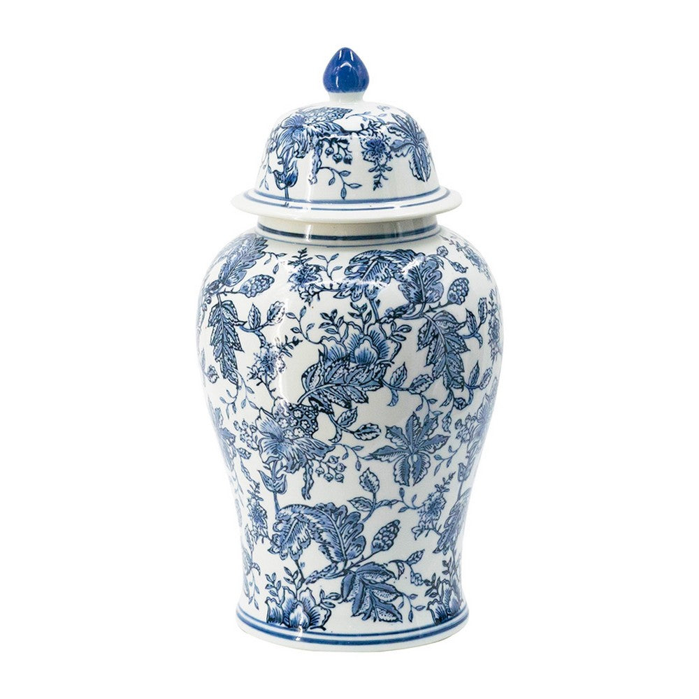 Brady Ginger Jar with Dome Lid | Floral Pattern Blue-White Porcelain 18"