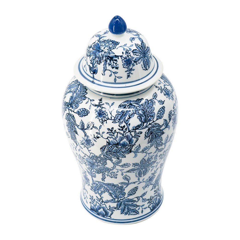 Brady Ginger Jar with Dome Lid | Floral Pattern Blue-White Porcelain 18"
