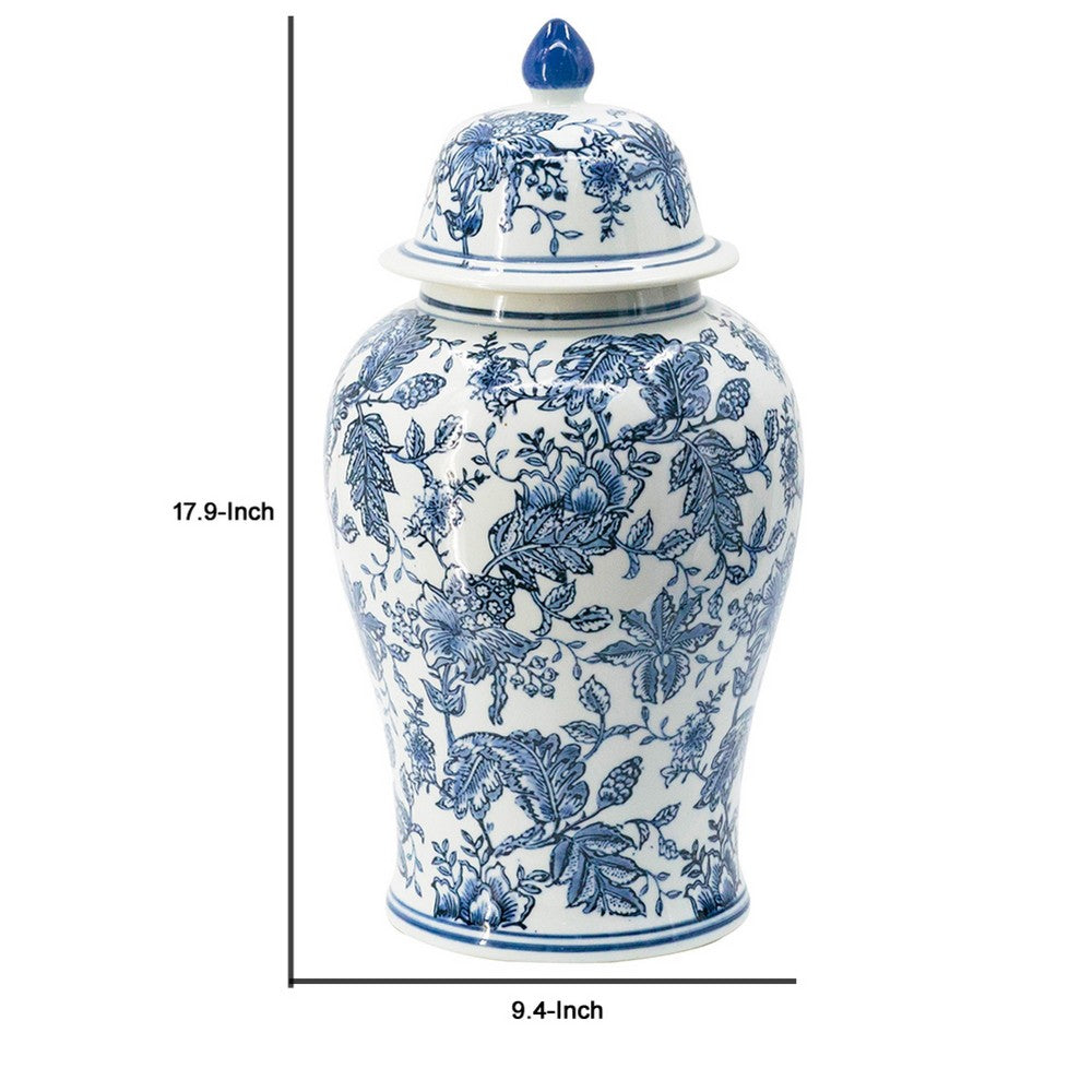 Brady Ginger Jar with Dome Lid | Floral Pattern Blue-White Porcelain 18"