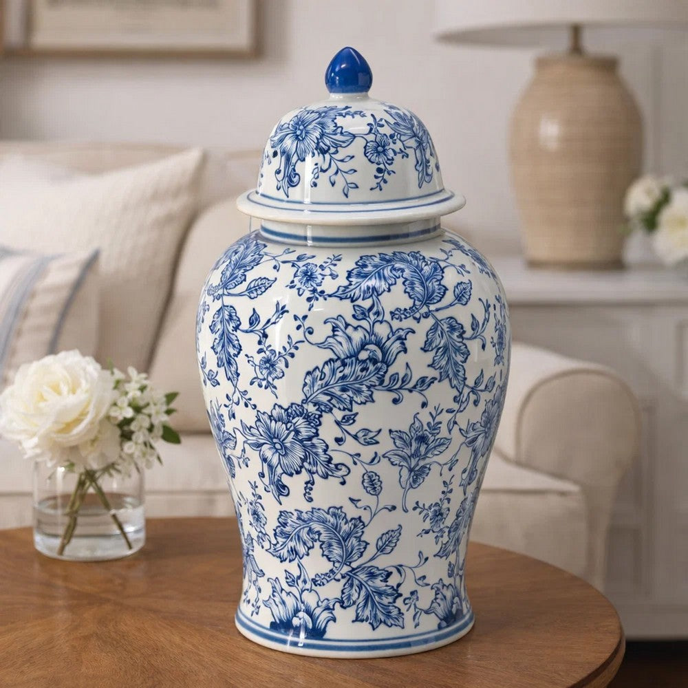 Brady Ginger Jar with Dome Lid | Floral Pattern Blue-White Porcelain 18"