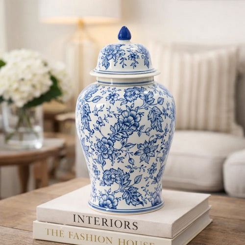 Brady Ginger Jar with Dome Lid | Floral Pattern Blue-White Porcelain 18"