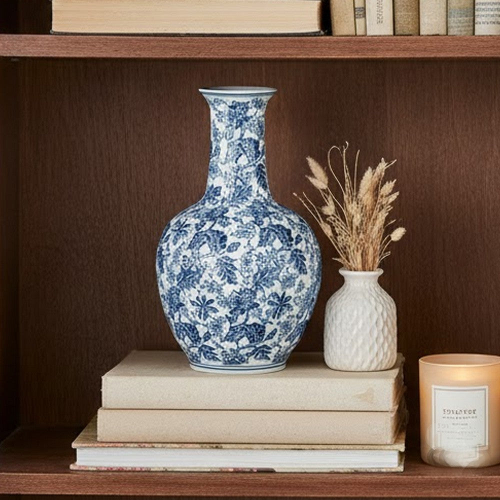 Macy Accent Flower Vase | Traditional Floral Blue White Porcelain 24"