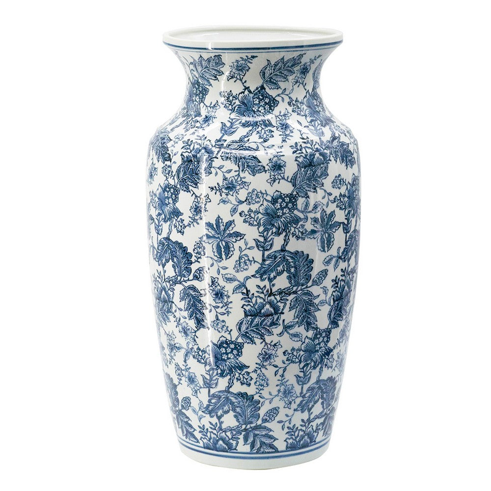 Macy Wide Decorative Vase | Traditional Floral Blue White Porcelain 12"