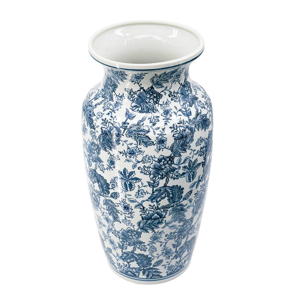 Macy Wide Decorative Vase | Traditional Floral Blue White Porcelain 12"