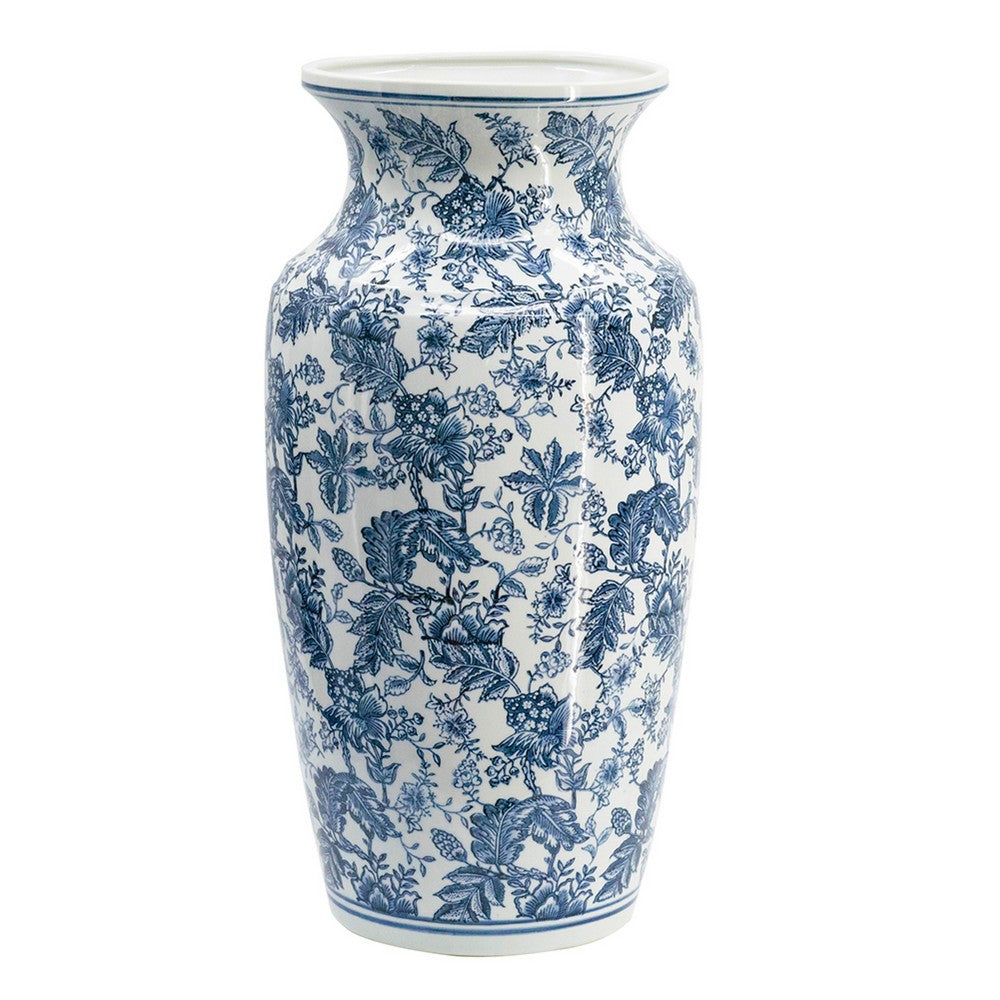 Macy Wide Decorative Vase | Traditional Floral Blue White Porcelain 12"