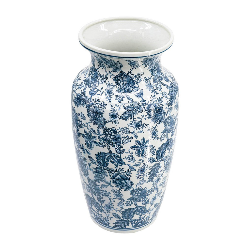 Macy Wide Decorative Vase | Traditional Floral Blue White Porcelain 12"