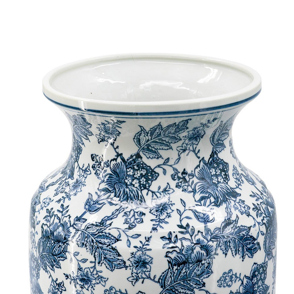 Macy Wide Decorative Vase | Traditional Floral Blue White Porcelain 12"