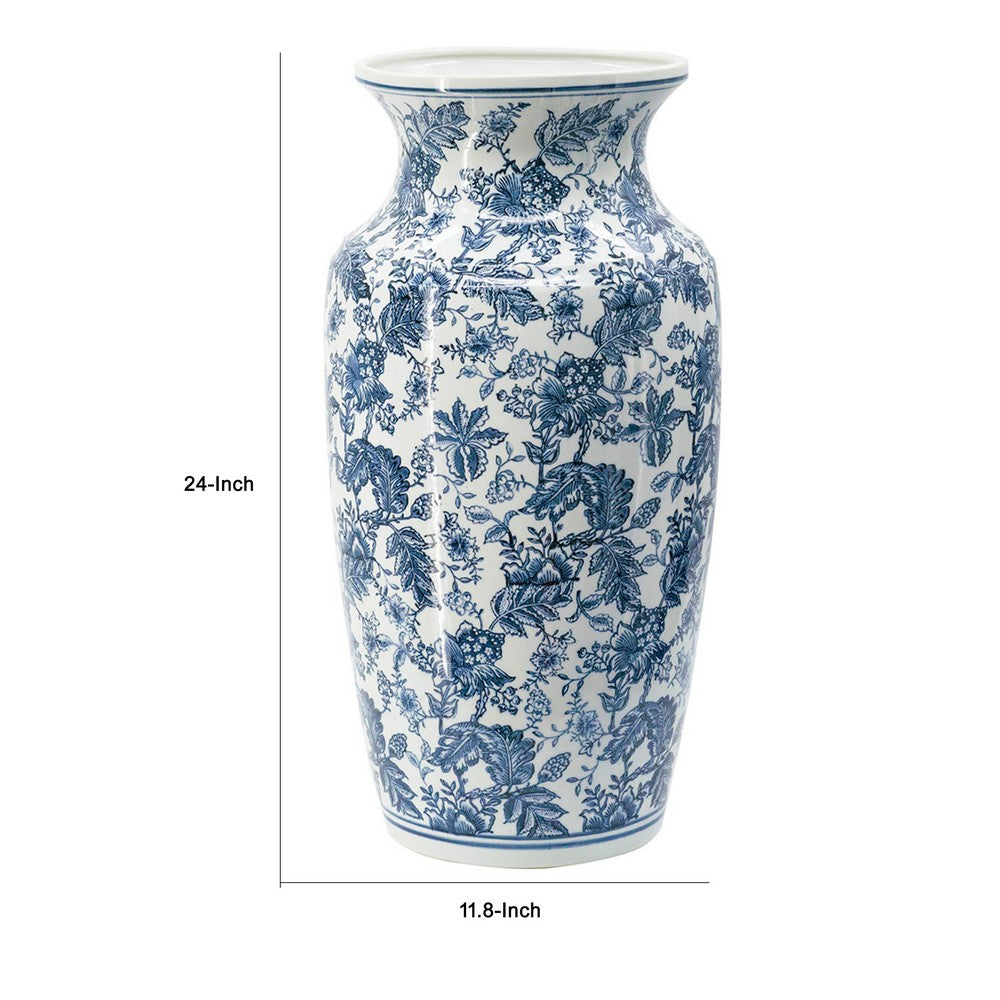 Macy Wide Decorative Vase | Traditional Floral Blue White Porcelain 12"
