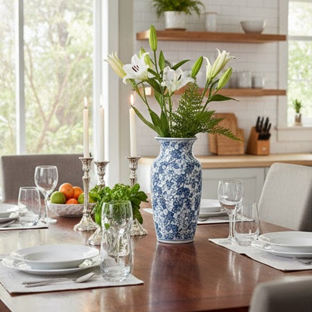 Macy Wide Decorative Vase | Traditional Floral Blue White Porcelain 12"