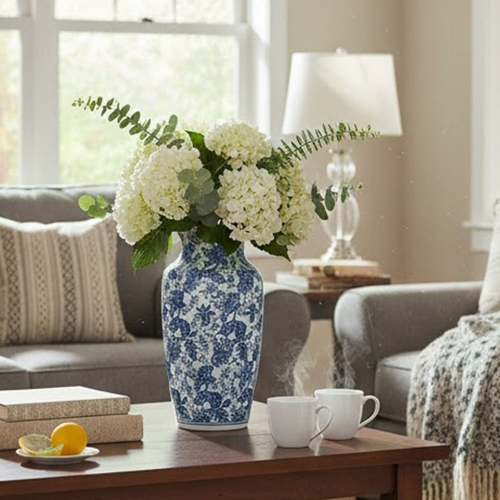 Macy Wide Decorative Vase | Traditional Floral Blue White Porcelain 12"