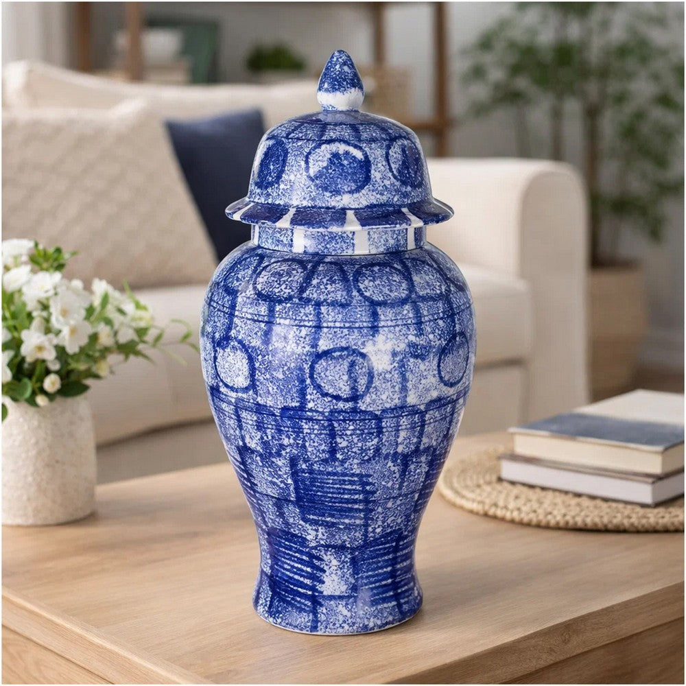 Jonah Ginger Jar | Speckled-Circular Pattern Blue-White Porcelain 20"