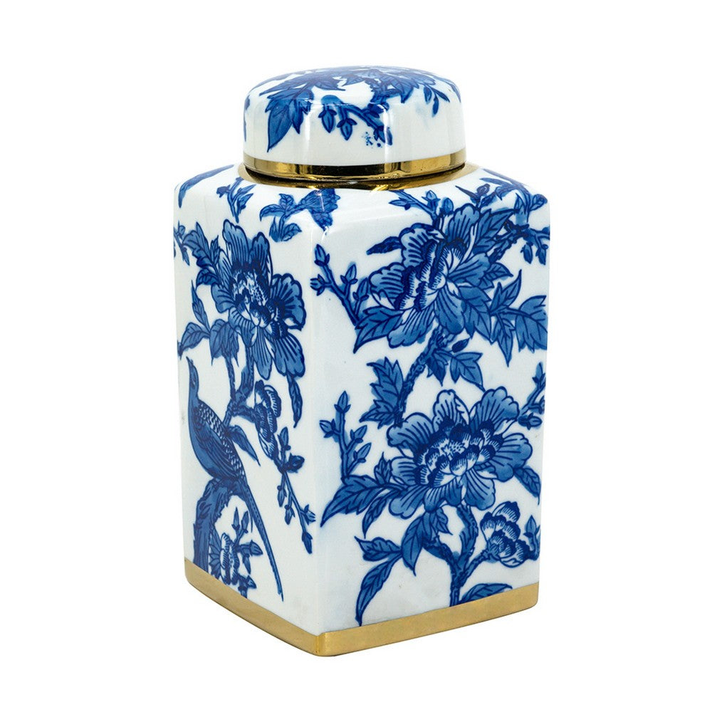 Maxon Lidded Jar | Bird-Floral Motifs | Golden Rim Blue-White Porcelain 11"