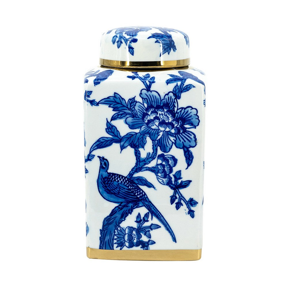 Maxon Lidded Jar | Bird-Floral Motifs | Golden Rim Blue-White Porcelain 11"