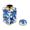 Maxon Lidded Jar | Bird-Floral Motifs | Golden Rim Blue-White Porcelain 11"