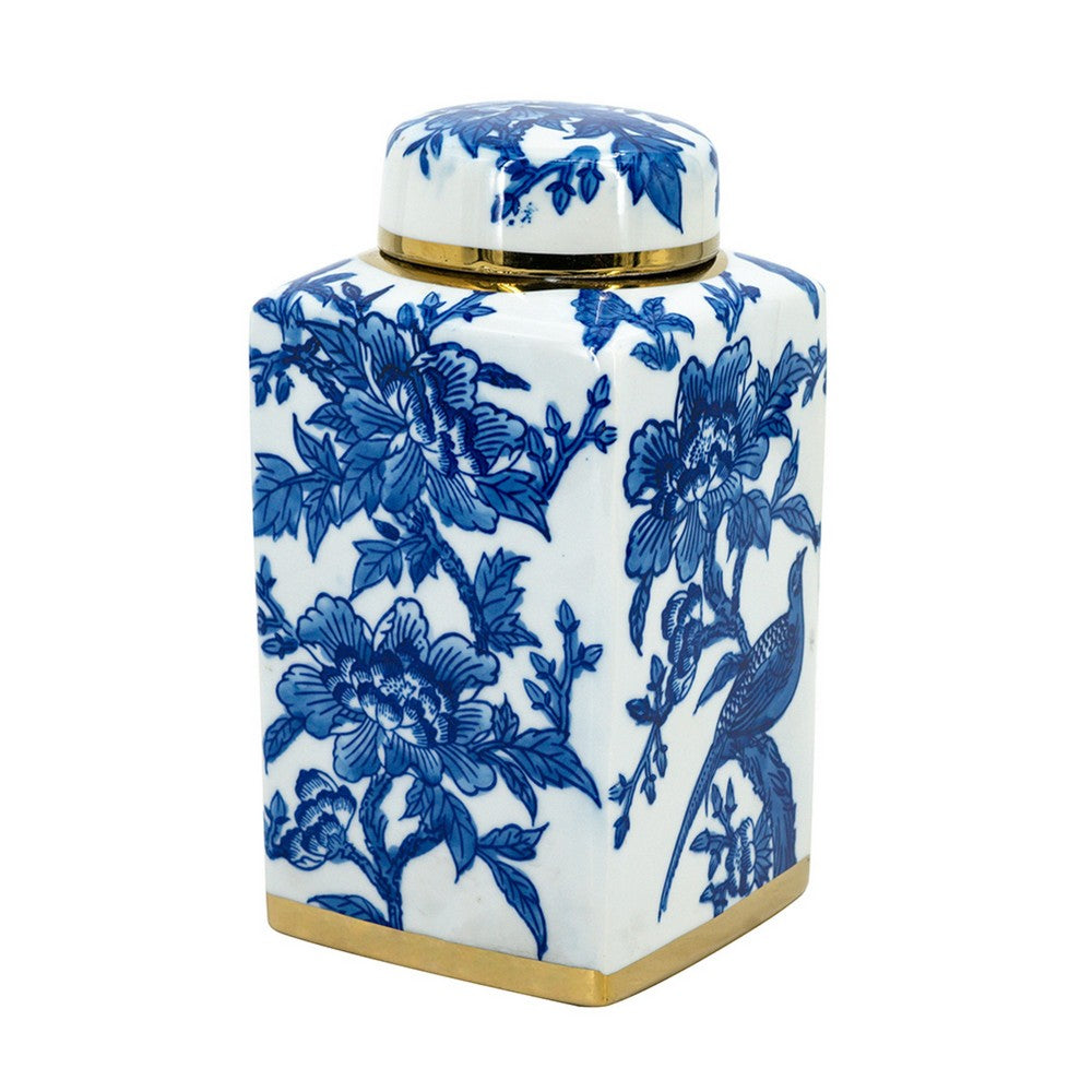Maxon Lidded Jar | Bird-Floral Motifs | Golden Rim Blue-White Porcelain 11"