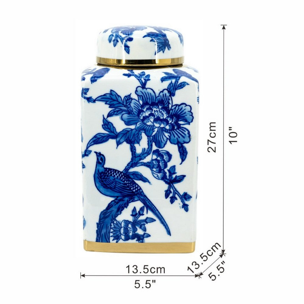 Maxon Lidded Jar | Bird-Floral Motifs | Golden Rim Blue-White Porcelain 11"